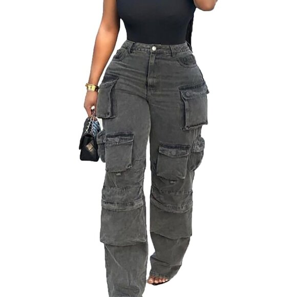 Distressed Ripped Y2K High Waisted Cargo Jeans for Women - Baggy Wide Leg Design